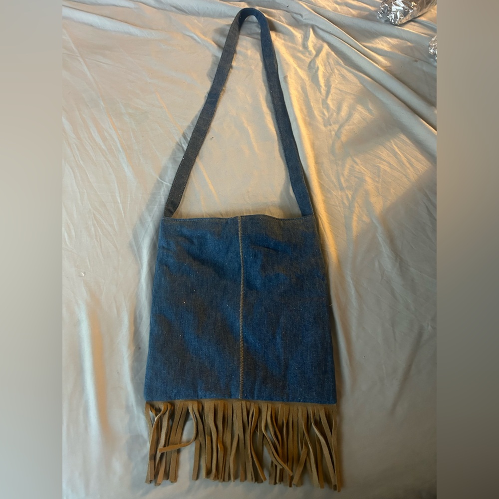 Stylish Blue and Tan Fringe Shoulder Bag